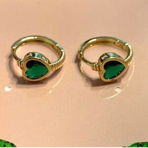 Huggie Gold Heart Earrings with Green Stone